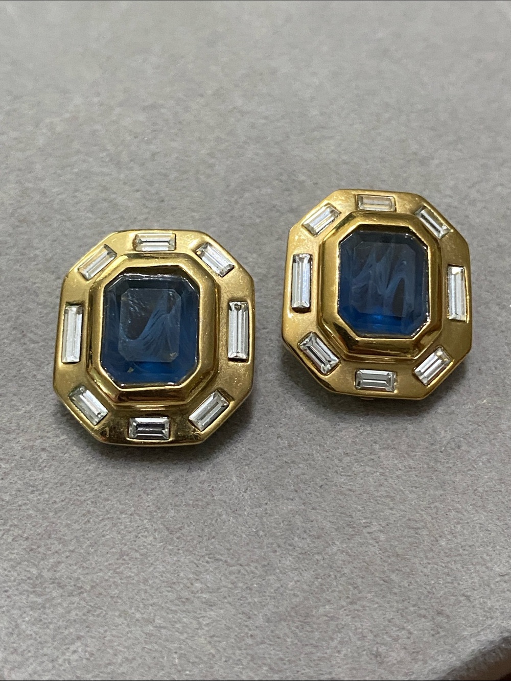 Christian Dior Gold Earrings with Deep Blue Octagonal Stones